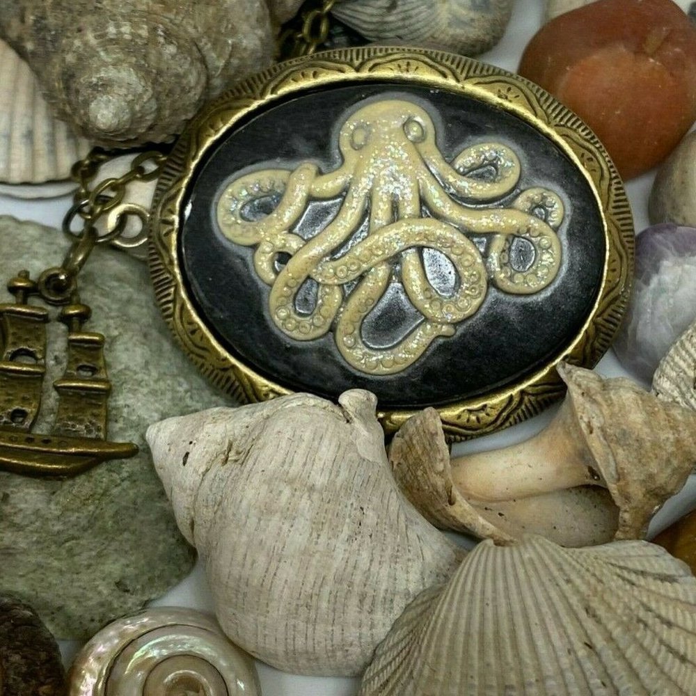 Bronze Octopus Ship Antique Gold Locket Necklace steampunk nautical Christmas